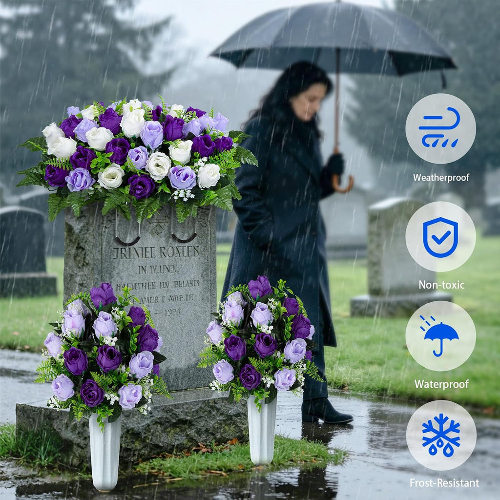 XONOR Artificial Cemetery Flower Saddles, Cemetery Memorial Flowers with Vase for Grave Tombstone Decorations (Purple White)