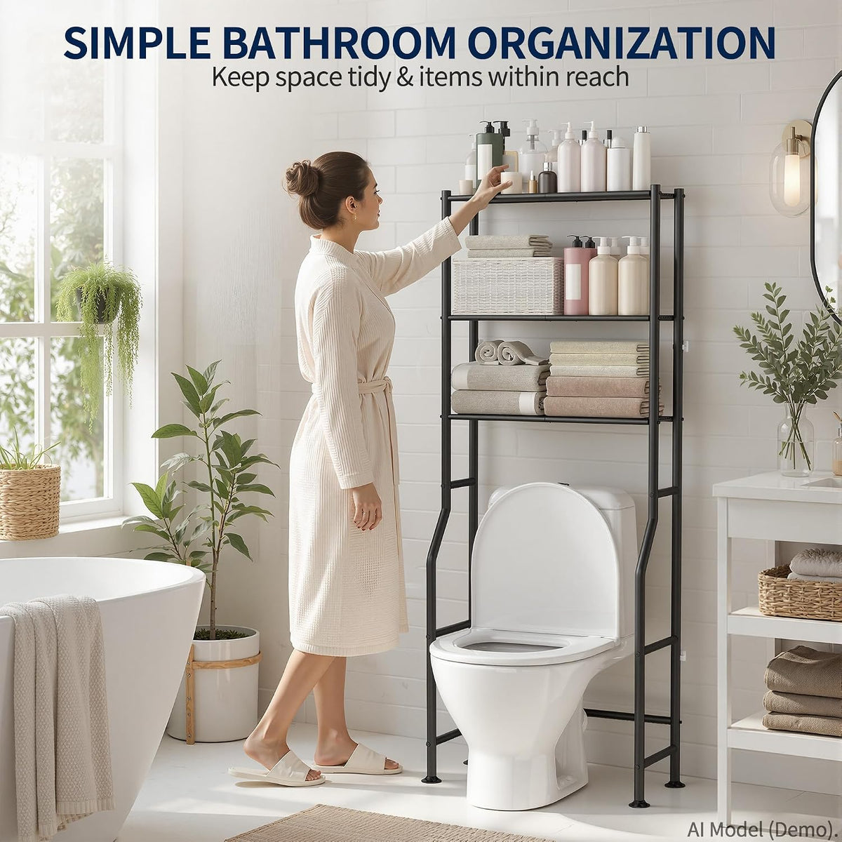 GloTika 3-Tier Over Toilet Storage Rack, Anti-Wobble, Black