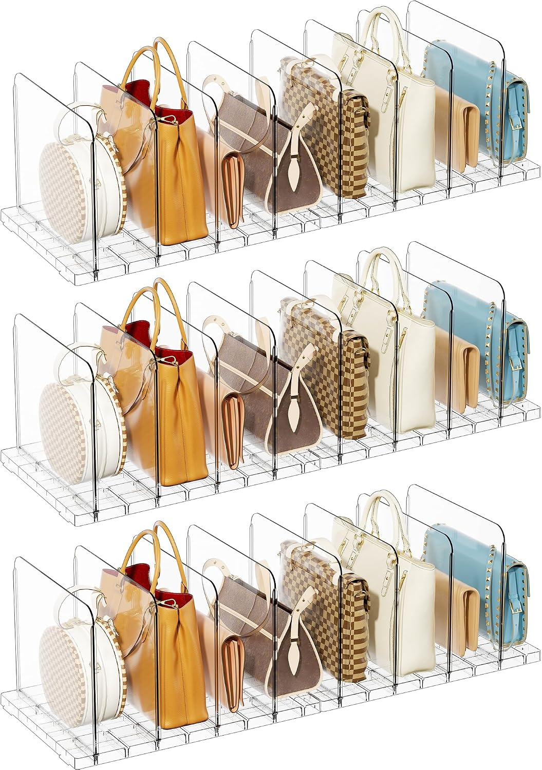 Yecaye Purse Organizer for Closet, Holds 24 Bags, Clear Acrylic Adjustable Shelf Dividers, Stackable Handbag Storage, Keep Bags Upright for Clutch Wallet Pocketbook, Bookshelf Bedroom Office, 6 Pack
