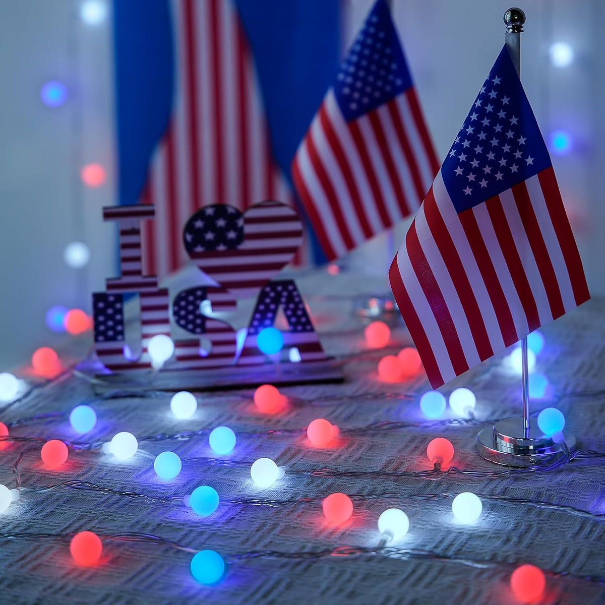JMEXSUSS 33ft 100 LED Red White and Blue Lights Battery Operated
