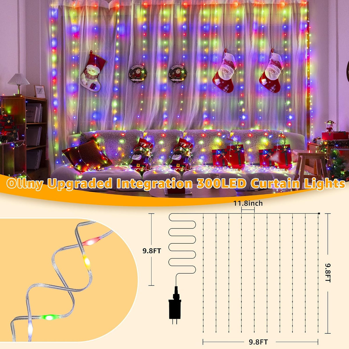 Ollny Curtain Lights 300 LED 9.8FT x 9.8FT, Connectable IP67 Waterproof