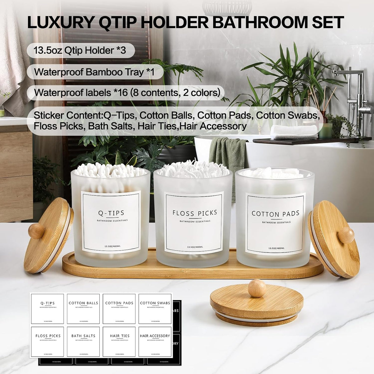 3 Pack Qtip Holder Bathroom Set with Tray,13.5oz Cotton Round Ball Pad Holder Cotton Swab Floss Pick Dispenser,Glass Apothecary Jars Canisters with Lids,Bathroom Organizers and Storage Container