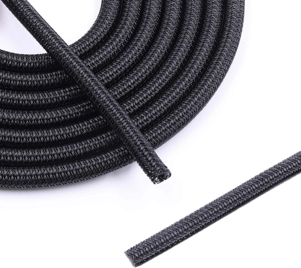 1/4" - 10Ft Split Braided Cable Sleeve, Wire Loom Tubing, Black