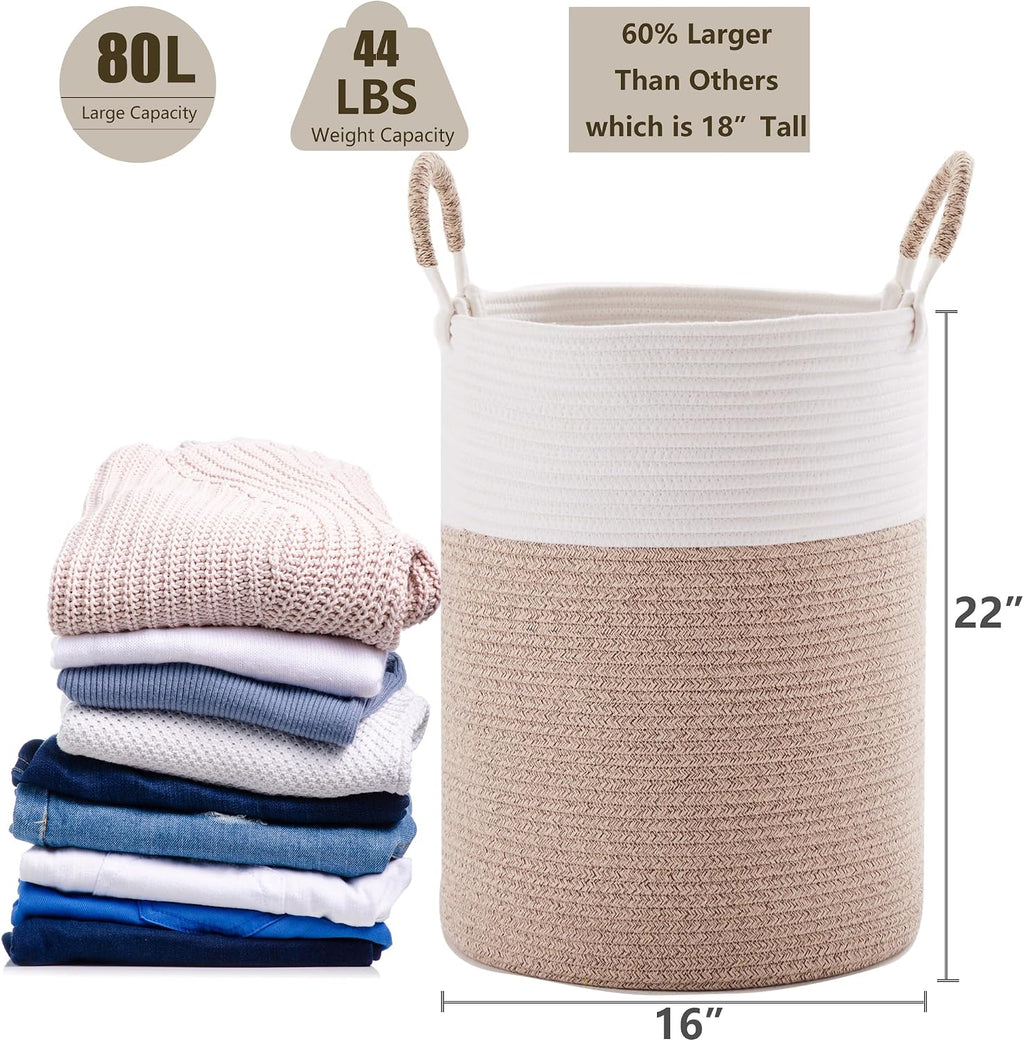 Cotton Rope Laundry Basket Large 80L Tall Woven Hamper
