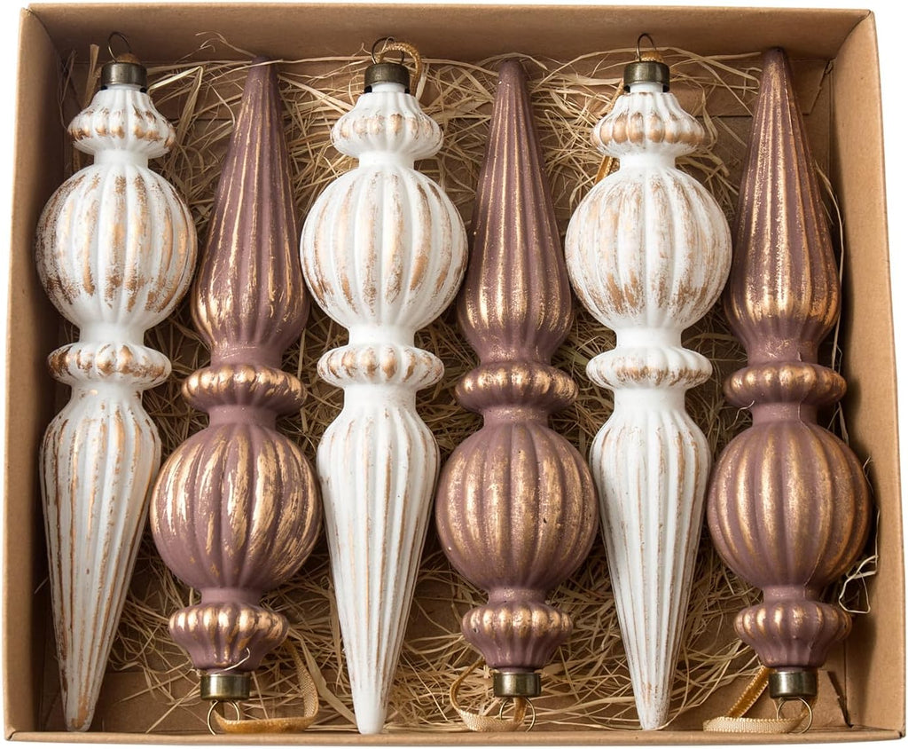 Vintage Finial Christmas Ornaments, 6Pcs Neutral Shatterproof Xmas Tree Ornaments(Classic Color)