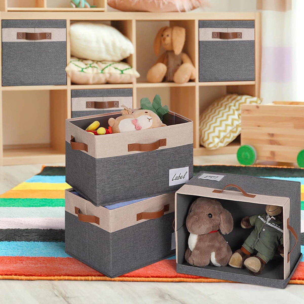 GhvyenntteS Fabric Storage Bins with Lids 3 Pack, Large Fabric Storage Baskets with Lid and Handles, Foldable Closet Organizers and Storage boxes with Label Window for Home (Beige, 15" x 11" x 9.7")