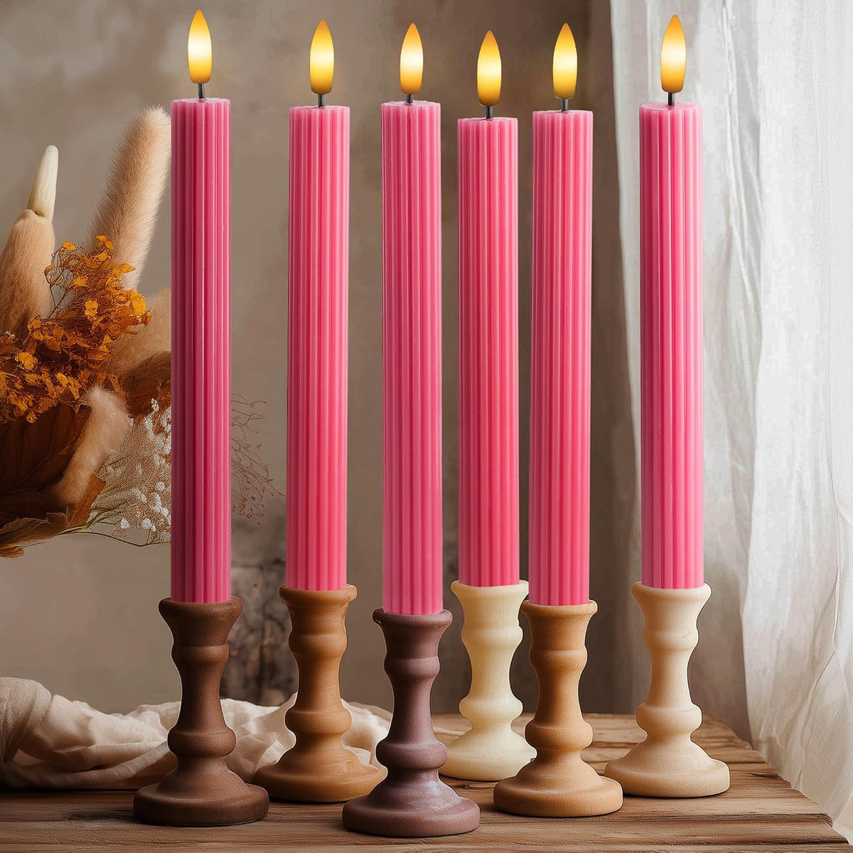 10" Fluted Ribbed LED Pink Grooved Real Wax Taper Candles, Remote & 24h Timer Memory, On/Off Switch - Flameless Dimmable Battery Operated w/Flicker Mode, Home Wedding Decor (6 Pack)