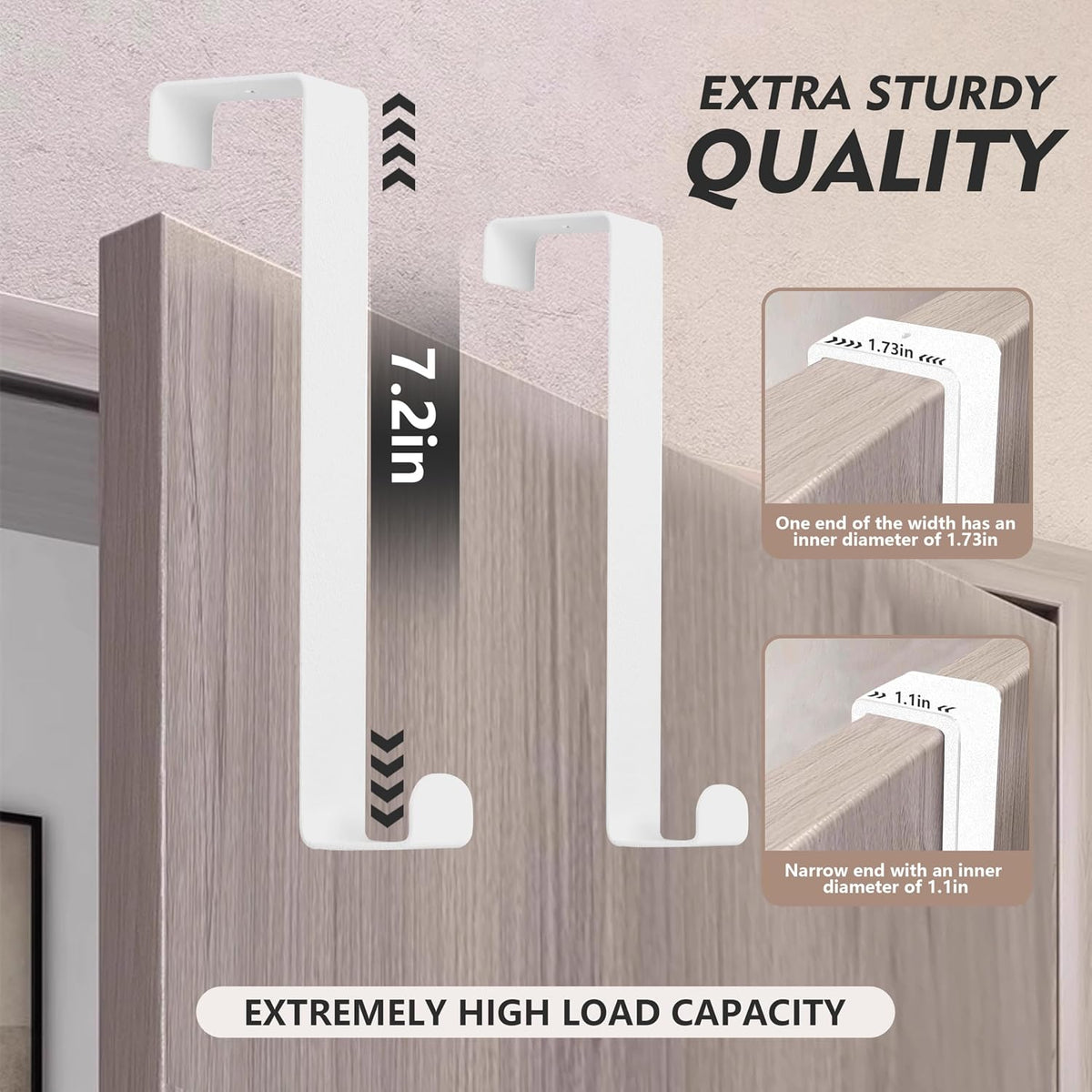Over The Door Hooks 2 Pack, Only Fit Doors & Cabinets Within 1.7" Thick, 12 lb Capacity, No Drill Hanger Organizer for Coat, Towel, Robe, Bag