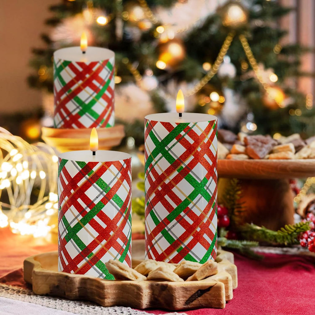 Christmas LED Flameless Candles, Red Green Striped Real Wax Candles with Timer, Battery Operated Pillar Set of 3 for Home Christmas Party Decor (D3 x H4 5" 6")