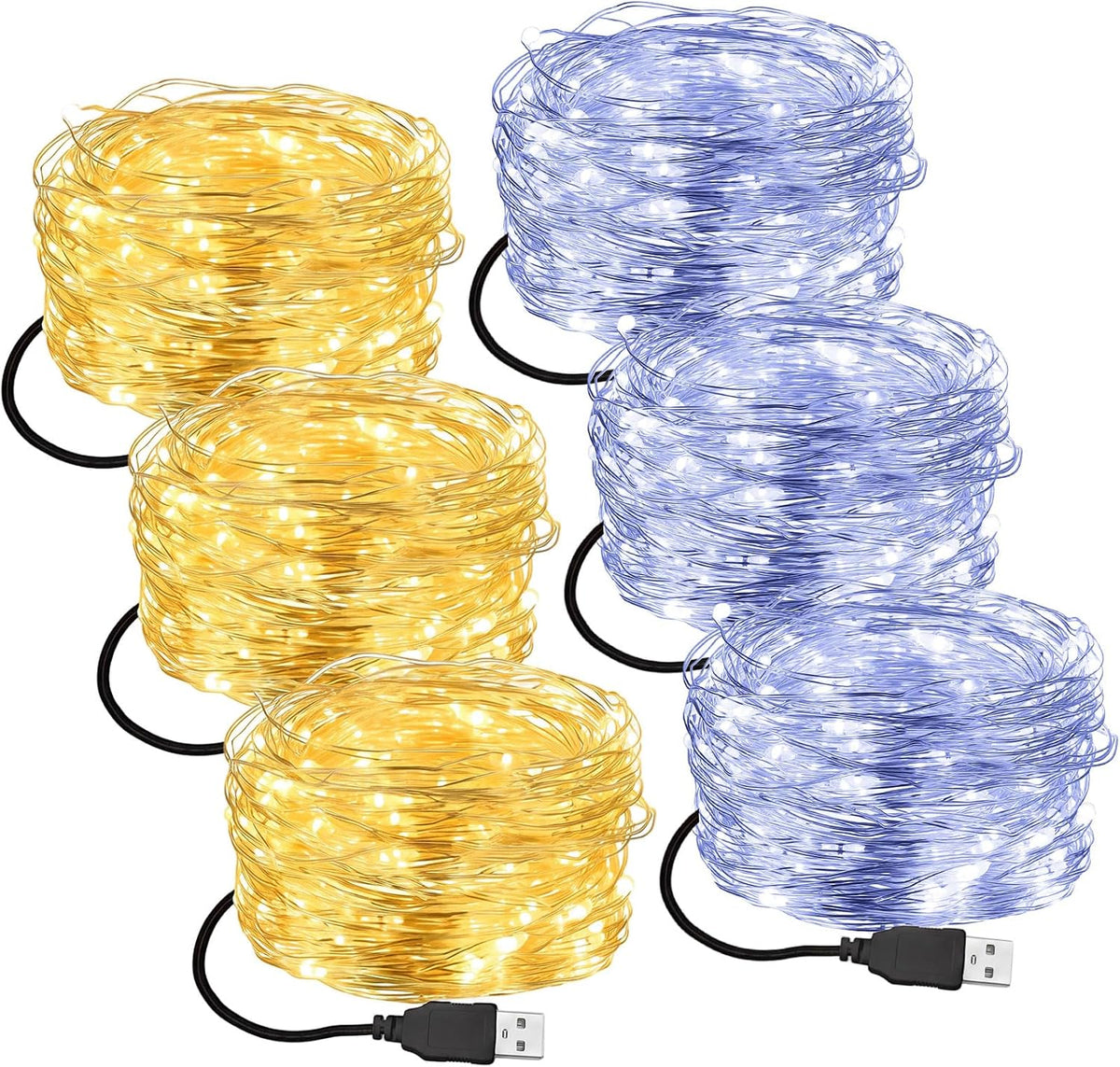 Macarrie Fairy Lights 33ft 100 LED USB Light, Warm Cool, White USB, 6 Pcs