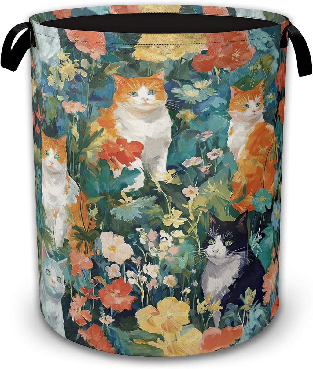 Watercolor Cats Collapsible Laundry Hamper with Handles,Oxford Cloth Laundry Basket,Storage Organizer for Bathroom Bedroom Laundry Room