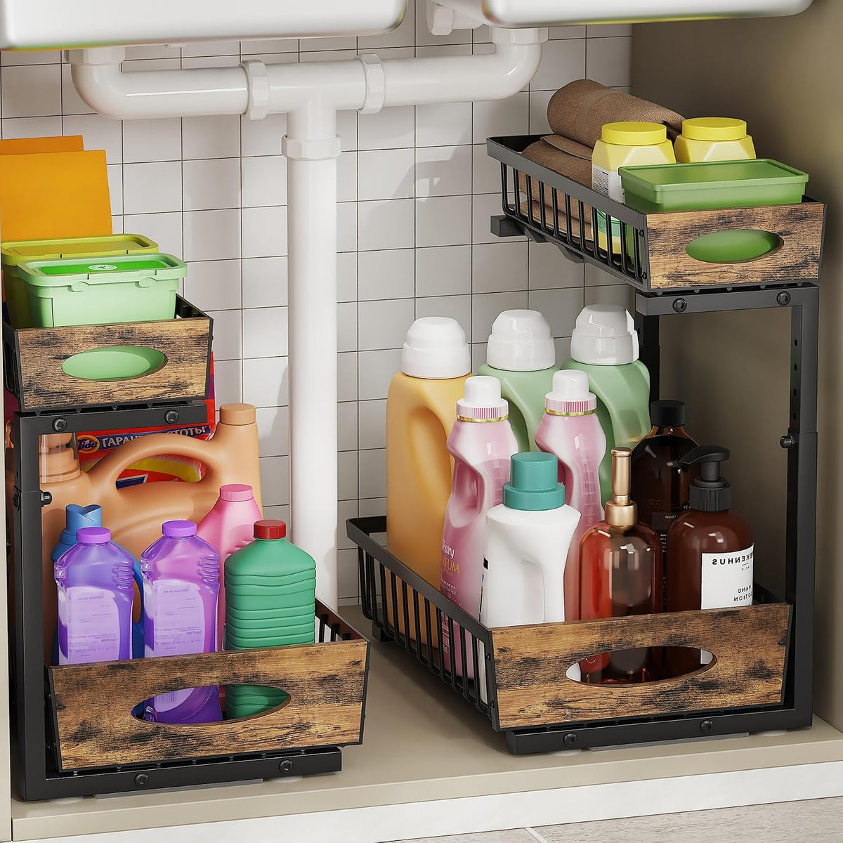 2 Pack Metal Under Sink Organizer with Sliding Drawer, Black