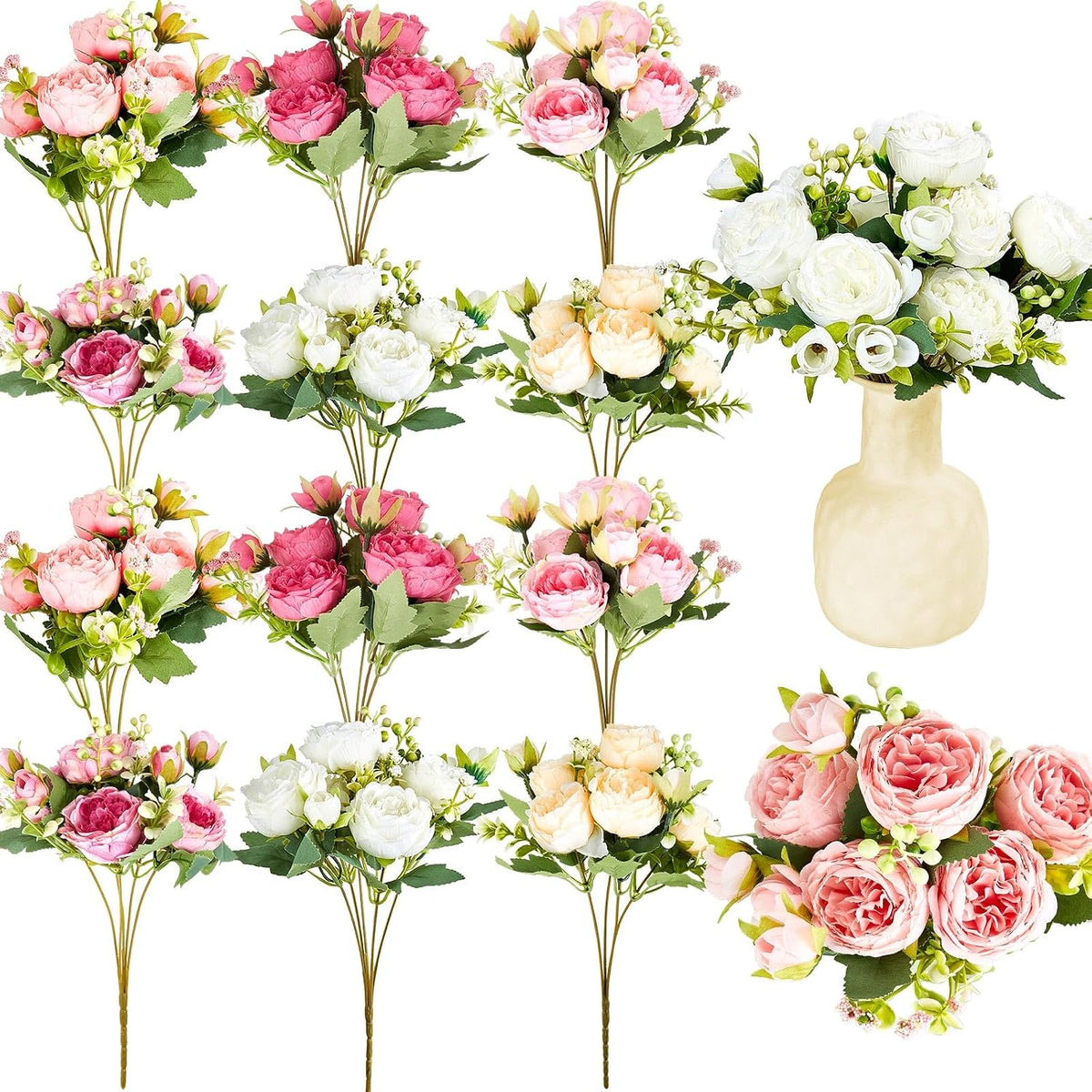 Jexine Artificial Peonies Flowers Bouquets, Colorful, 24