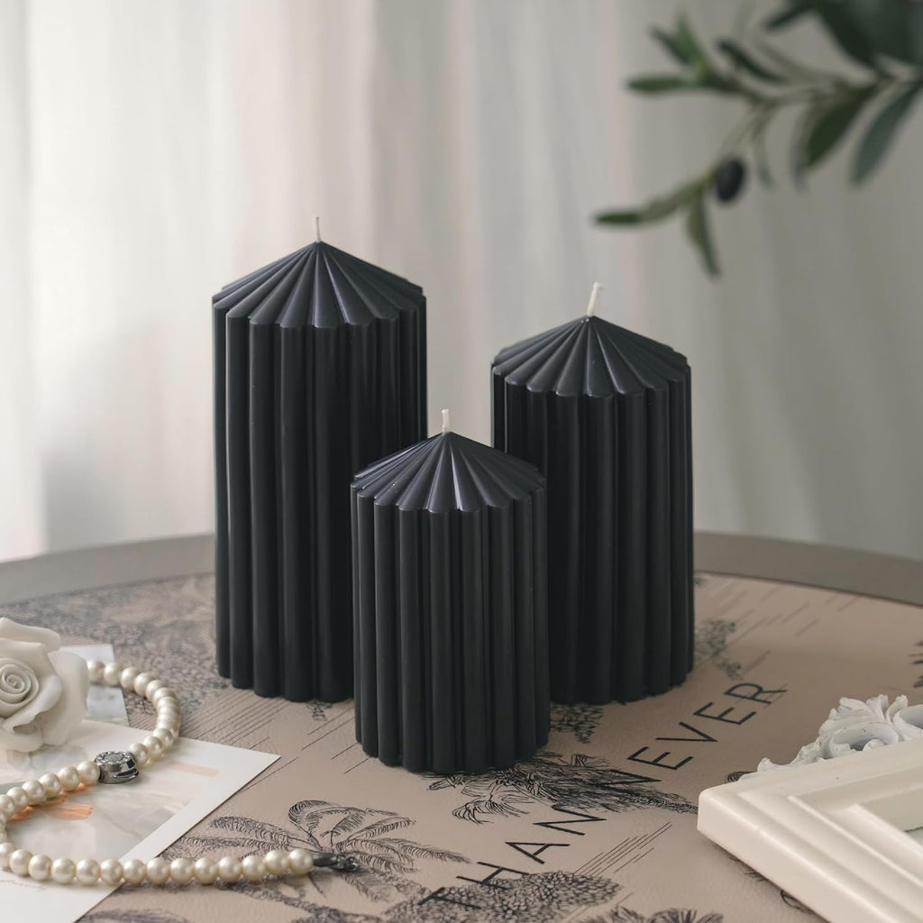 Black Ribbed Pillar Candles Set of 3, Halloween Candles Decor Unscented