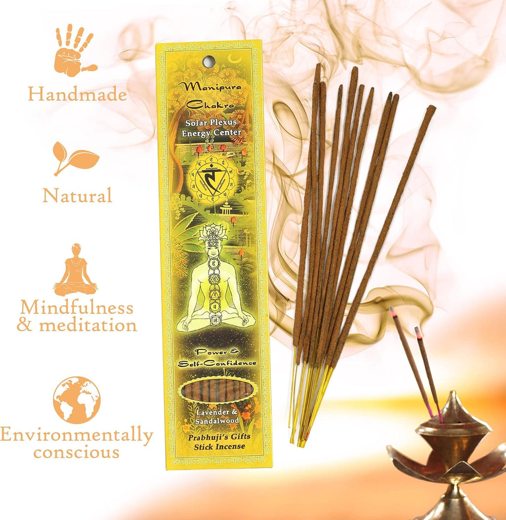 Prabhuji’s Gifts - Divine Chakra Incense Sticks - Manipura Solar Plexus Energy - Handmade Herbal Indian Incense - Agarbatti for Meditation & Cleansing - Fire Element, Power & Self-Confidence