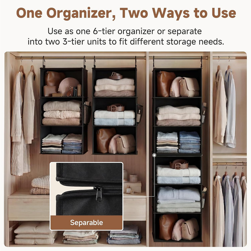 StorageWorks Hanging Closet Organizer, 6-Shelf with 2-in-1 Design, Black