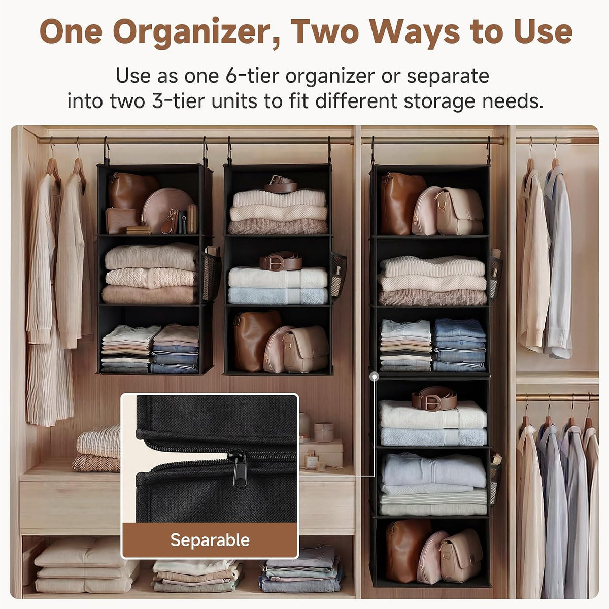 StorageWorks Hanging Closet Organizer, 6-Shelf with 2-in-1 Design, Black