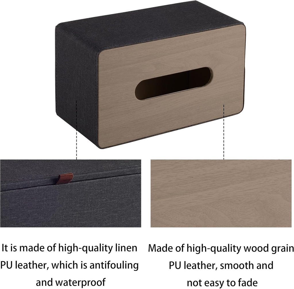 High-end Pu Leather Tissue Box Holder Two Color Combination-Linen and Wood Grain,Rounded Rectangle Napkin Paper Case Dispenser for Home Bathroom Dresser Offices Car Tissue Cover (Black)