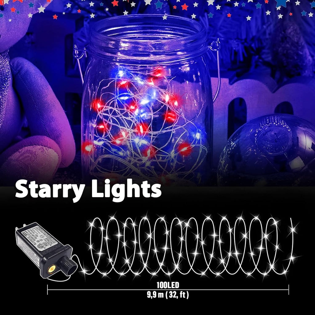LAMPHOME Red White Blue Patriotic Fairy Lights Plug in, 33Ft 100 LEDs Waterproof Twinkle Firefly Lights, Adaptor Included Starry String Light for Independence Day Patriotic Holidays Decoration