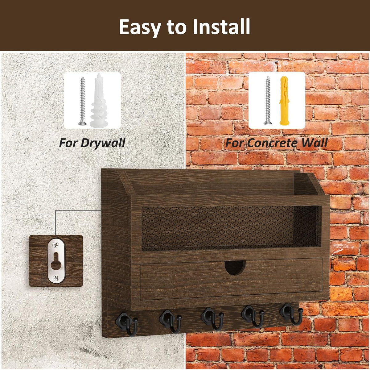 Nekon Key and Mail Holder for Wall, Key Organizer with Drawer, Brown
