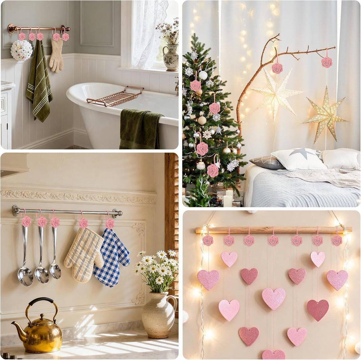 Metal Rose Shower Curtain Hooks, Rust-Resistant Hooks for Shower Curtain Rods, Set of 12, Beautiful Floral Rose Design Bathroom Decoration Hooks (Pink)