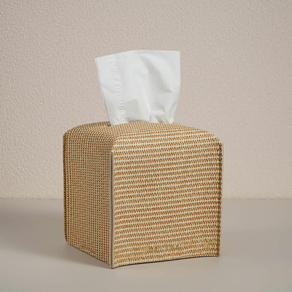 OLETHA Square Tissue Box Cover, Desk Decor, Rattan Embossing, 2 Pack