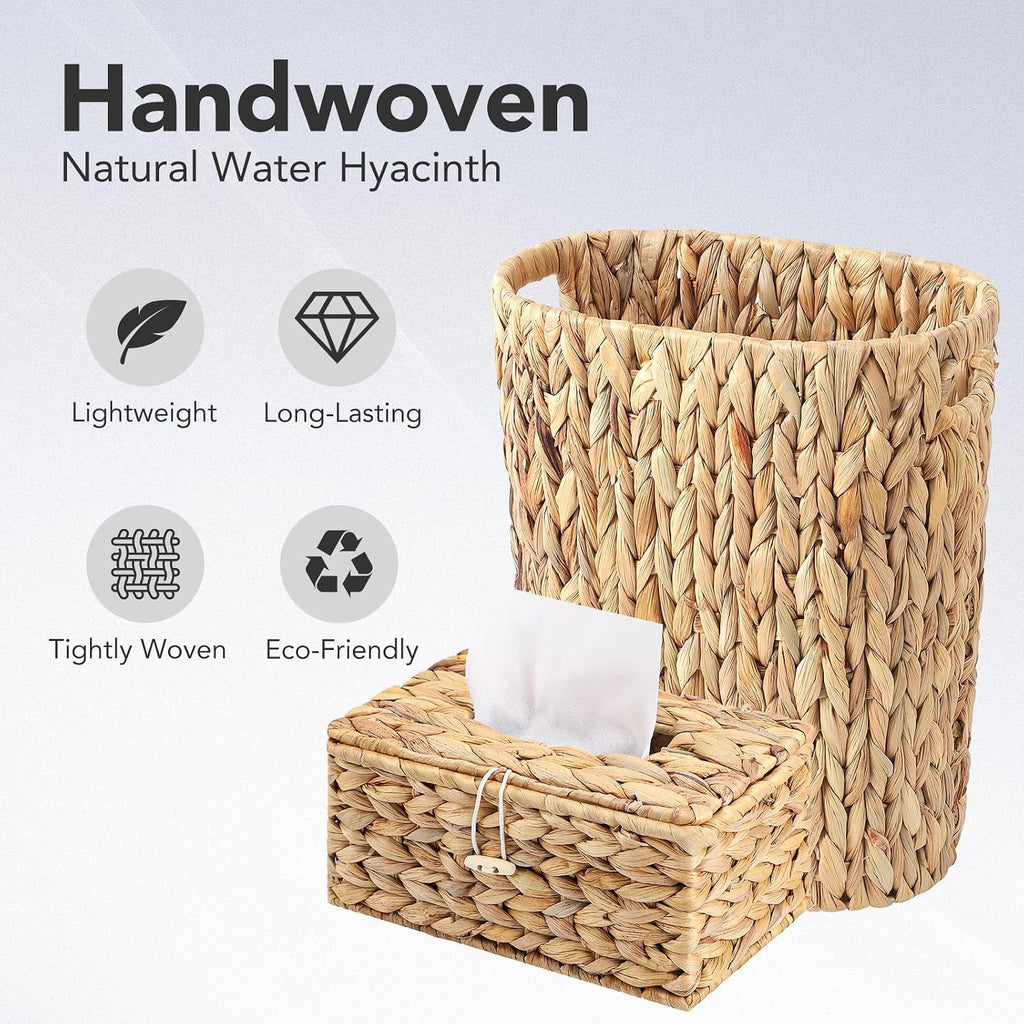 Wicker Trash Can and Rectangle Tissue Box Cover, 4 Gallon Water Hyacinth Bathroom Trash Can, Handwoven Napkin Holder, Narrow Small Waste Basket, Rustic Decorative Home Set for Bedroom,Bathroom,Office