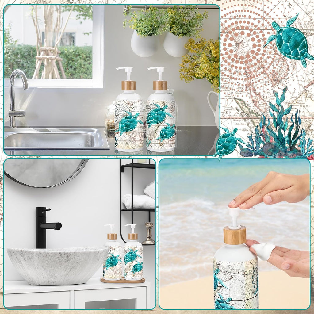 Potchen 2 Pack Sea Turtle Soap Dispenser, Beach Ocean Glass Bathroom Decor