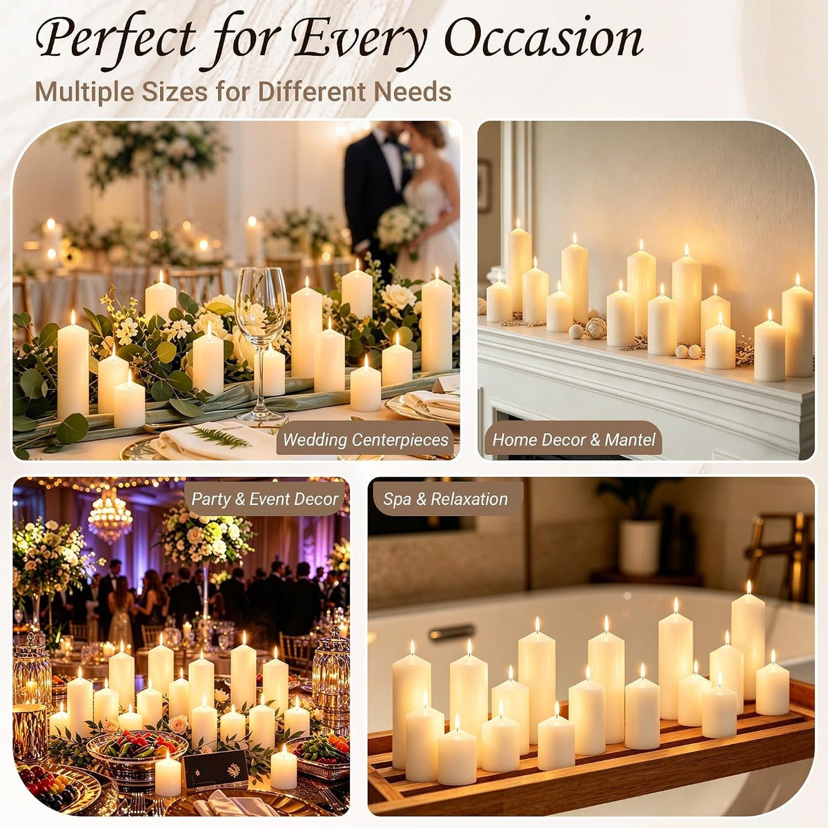 36-Pack Ivory White Pillar Candles Bulk Set, 2x3, 2x4, 2x6 Inch