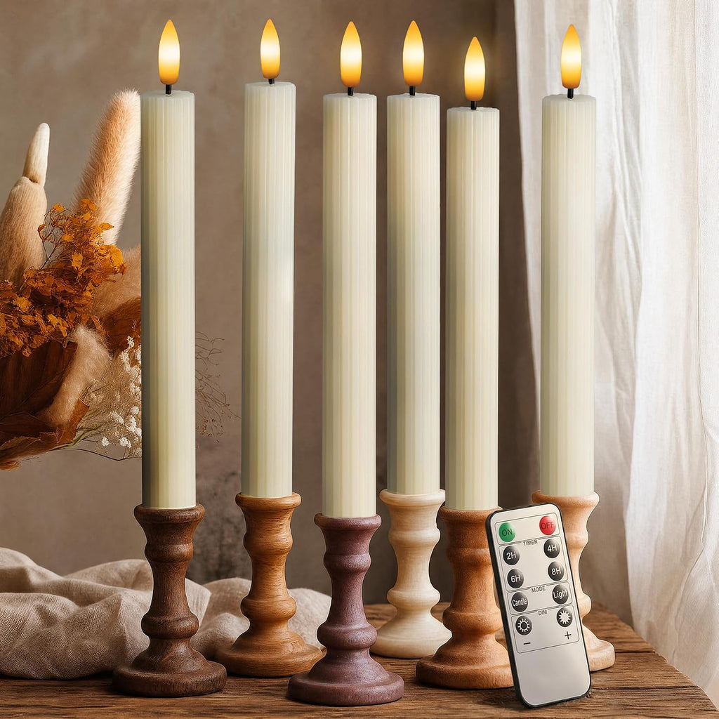 6 Pack, 10" LED Flameless Real Wax Ivory Fluted Ribbed Grooved Taper Candles, Remote & 24h Timer Memory, On/Off Button, Dimmable, Flicker Mode, Battery Operated, Wedding