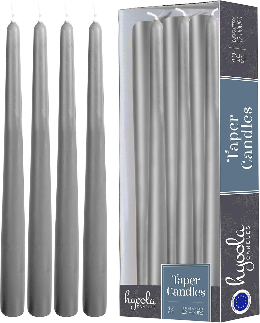 Hyoola Tall Taper Candles - 14 Inch Dark Grey Dripless, Unscented Dinner Candle - Paraffin Wax with Cotton Wicks - 12 Hour Burn Time (Pack of 12)