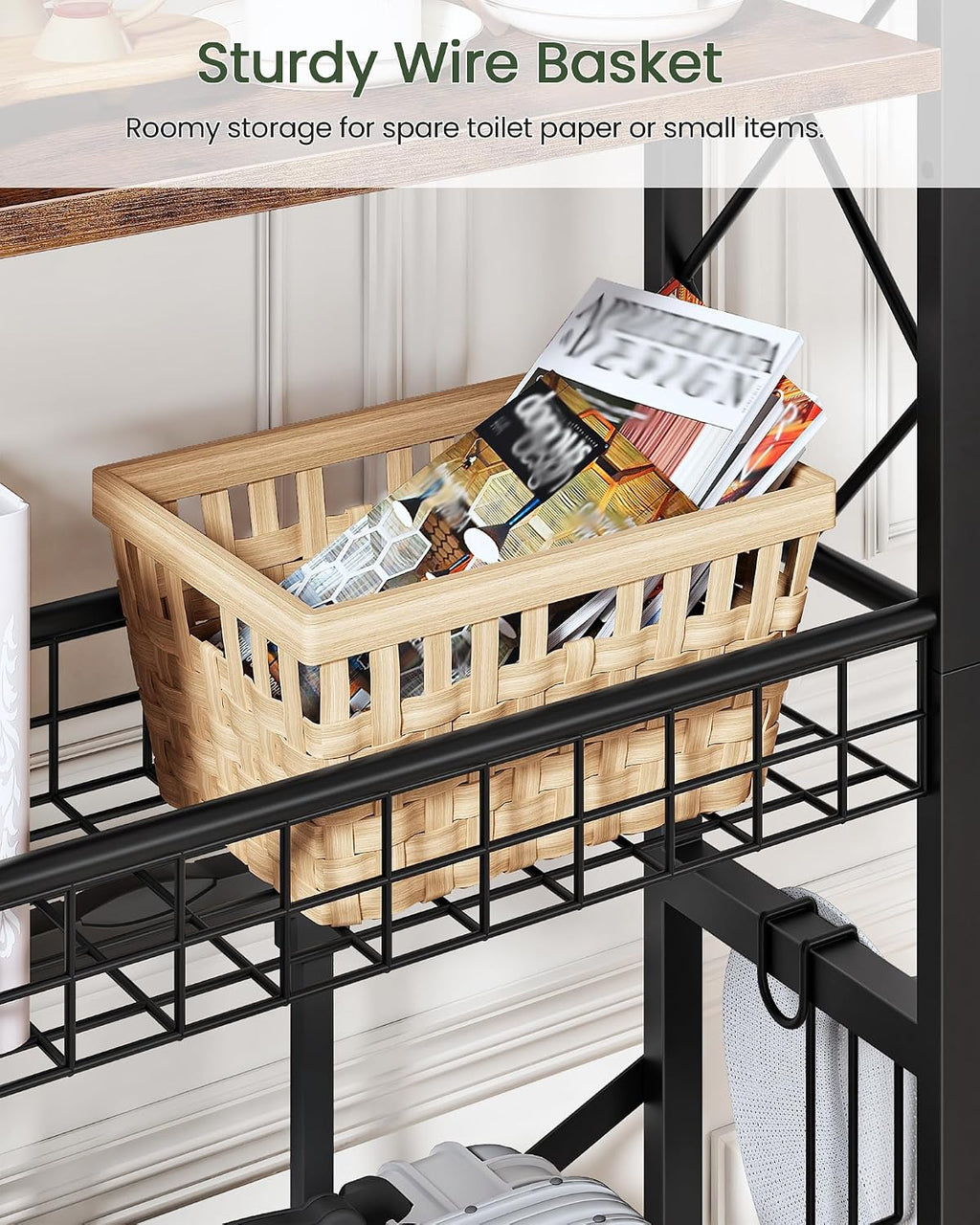 CHOEZON Over The Toilet Storage Rack, 4-Tier Bathroom Organizer Shelf, Over Toilet Storage with Wire Basket and Toilet Paper Holder, Adjustable Shelves, for Bathroom, Rustic Brown and Black TTS03BF