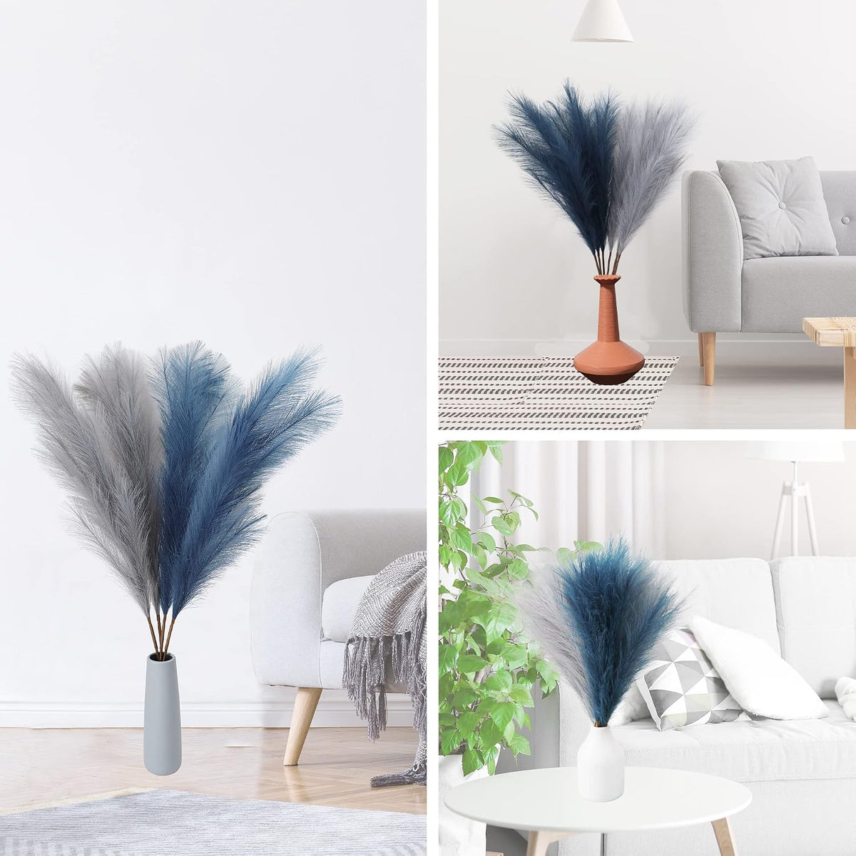 4pcs Faux Pampas Grass Tall 43” / 3.6ft, Non-Shedding Large Artificial Fluffy Reed Fake Flower Feather Arrangement for Floor Vase Filler Boho Farmhouse Home Wedding Decor (Grey& Navy Blue)