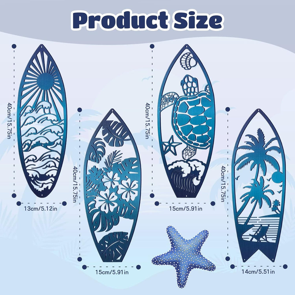 Therwen 4 Pcs Metal Surfboard Wall Decor, Tropical Beach Palm Turtle, Blue