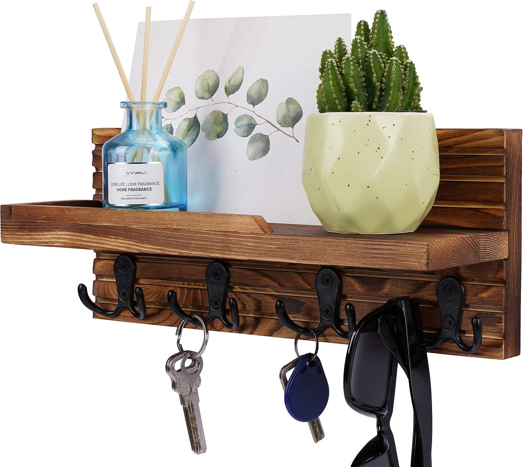 Decorative Key Hanging Rack with 4 Double Hooks – Easy Install Natural Wooden Key and Mail Holder for Wall Mount – Entryway Decor Rack with Shelf (Brown)