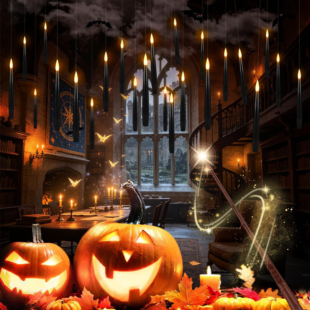 24 Floating Flameless Candles with Wands, Halloween Hanging Decor