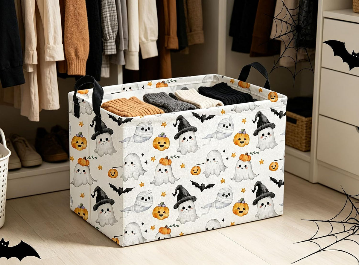 Rectangular Halloween Baskets Ghost Basket Cute Storage Bins Organizer Box Girls Room Decor for Home.(Cute Ghost)