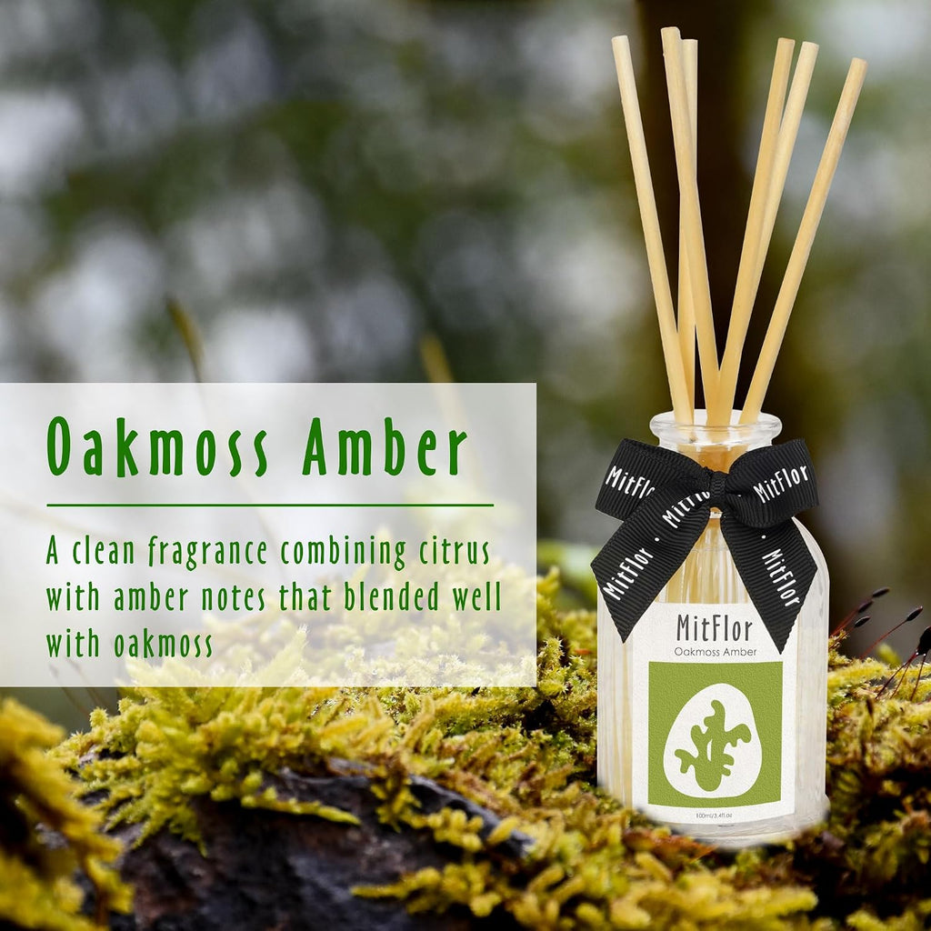 Reed Diffuser, MitFlor Oakmoss Amber Fragrance Diffuser Set, Room Freshener with Natural Rattan Sticks, Fresh Scent Oil Diffuser for Bedroom, Bathroom, and Home Décor, 3.4 fl oz
