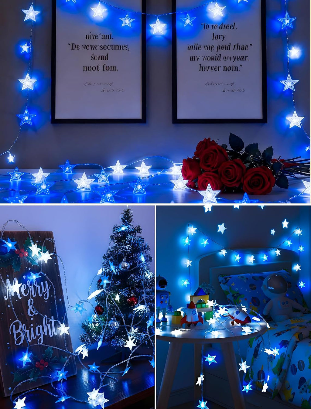 39FT 100 LED Blue White Star String Lights Plug in