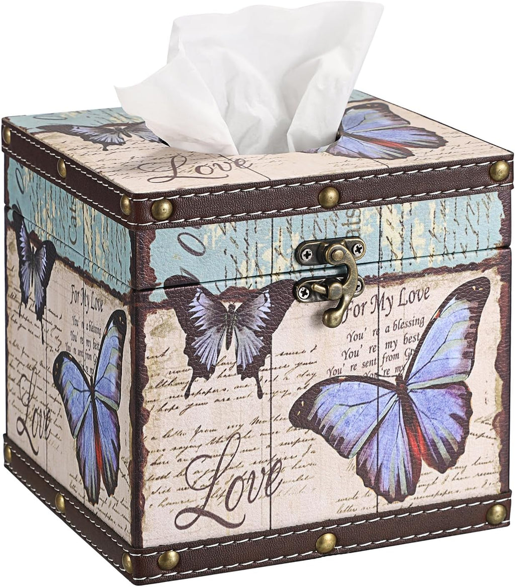 Butterfly Tissue Box Cover, Wood Square Tissue Holder, Bluish Purple