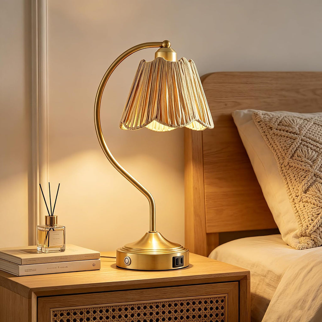 Set of 2 Boho Rattan Small Touch Table Lamps with USB C+A Ports
