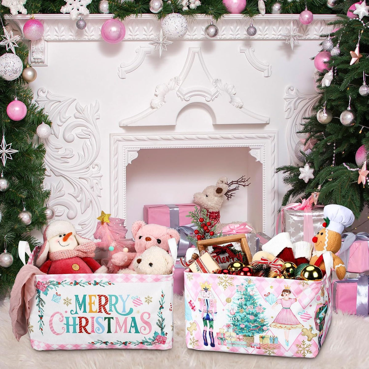 Beeveer 3 Pcs Christmas Pink Nutcracker Basket Diamond Plaid Christmas Tree Gift Basket Soldier Mouse Ballet Girl Clothes Storage Cube for Home Office Dorm Closet Shelf Organizer