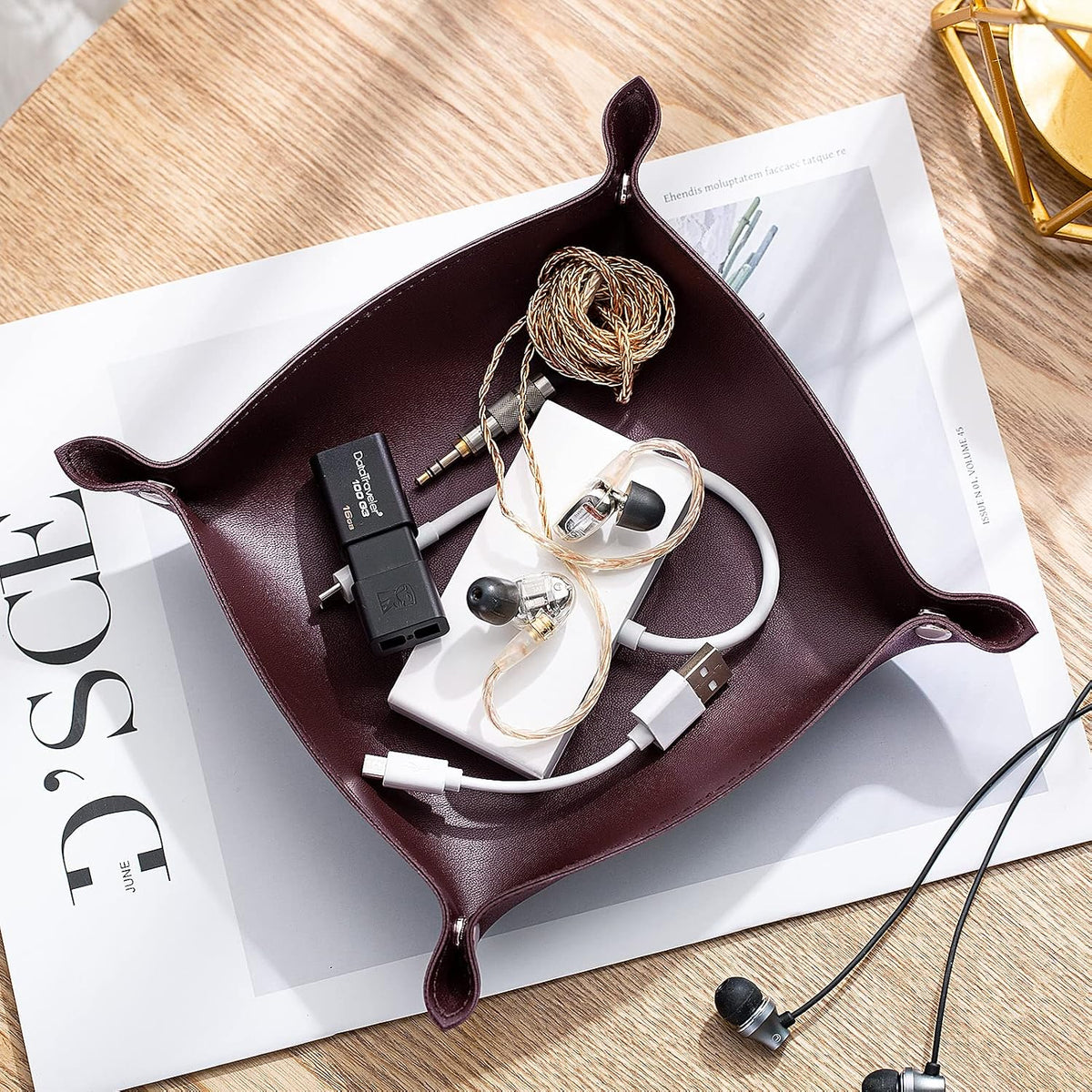 Leather Jewelry Valet Tray for Women and Man, Portable Entryway Table Tray Bedside Nightstand Desk Tray Small Catchall Travel Dish Plate for Key,Wallet,Watch,Coin(8x8, Deep Brown-B)
