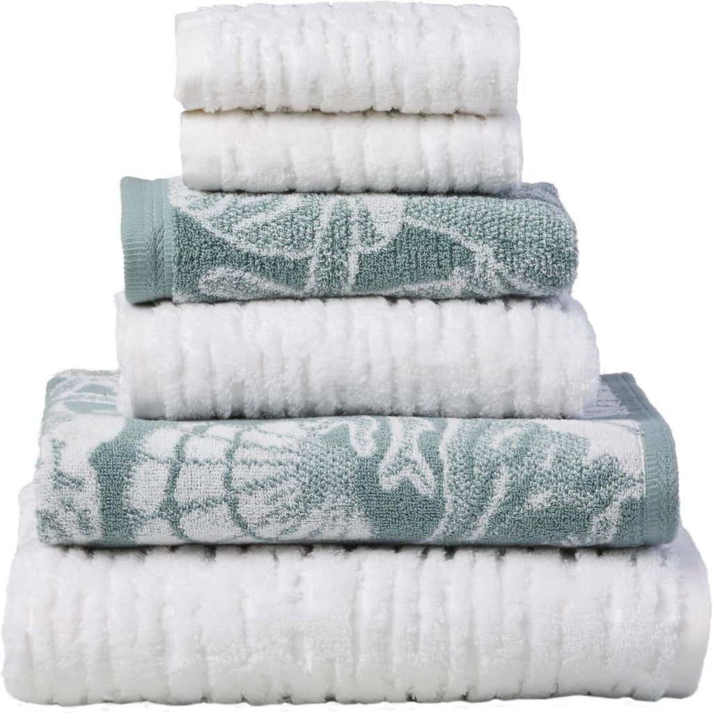 SKL Home CloudSoft/South Seas Shell Bath Towel Set-6pc, Coastal, White/Teal