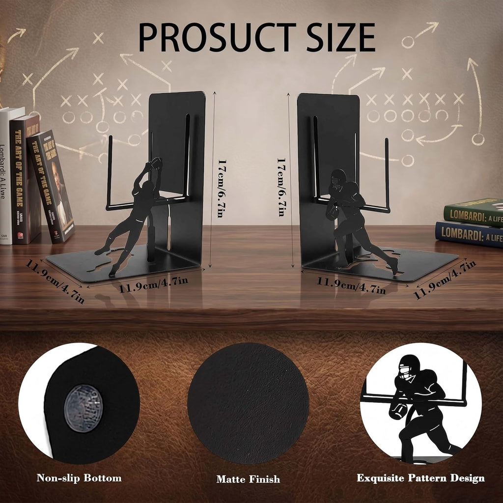 Matte Black Metal Football Bookends – Decorative Sports-Themed Bookends for Boys Room, Man Cave, Office, Game Room, Football Fans, Athlete Gifts, Coach Appreciation, Birthday