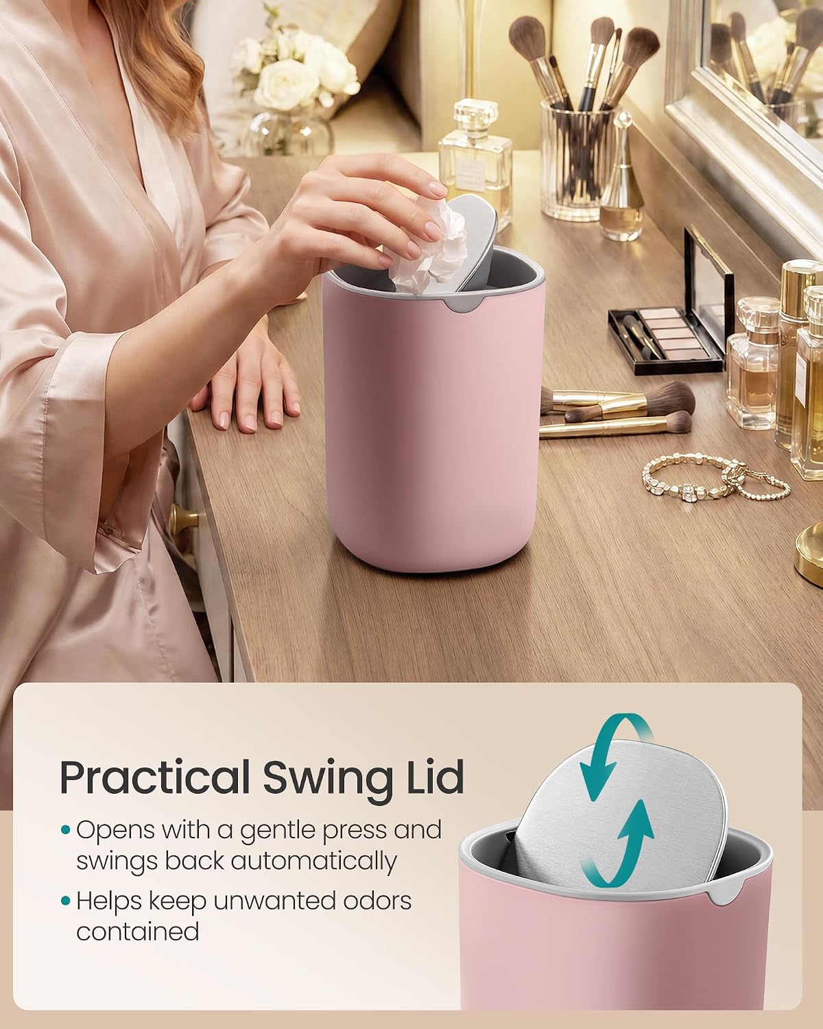 SONGMICS Mini Desk Trash Can with Stainless Steel Swing Lid, 0.4 Gal