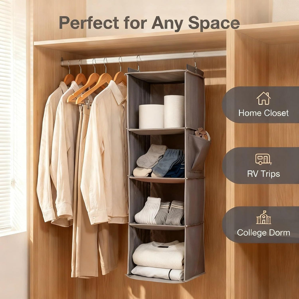 4-Tier Hanging Closet Organizer, Foldable Shelves, Grey for Dorm RV