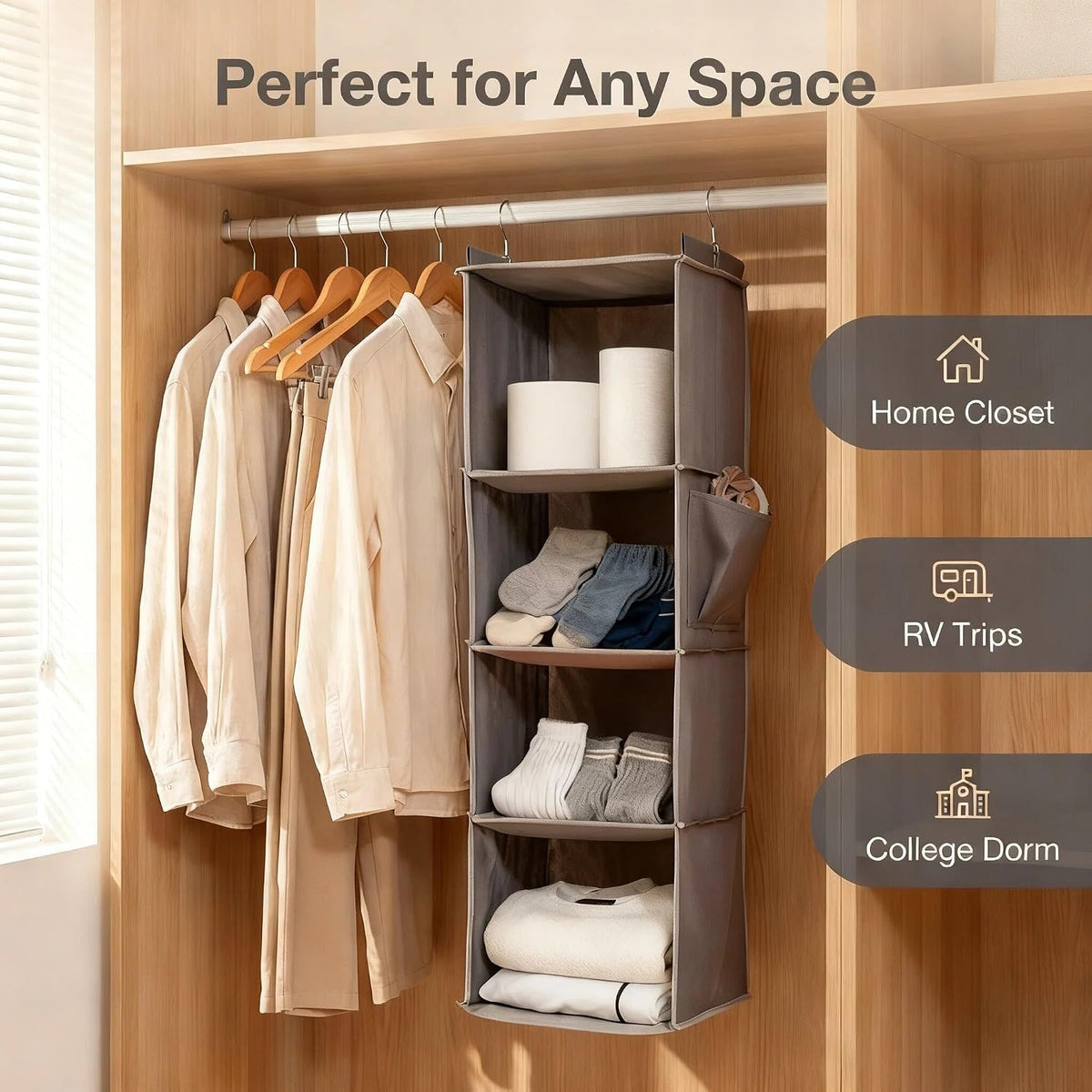4-Tier Hanging Closet Organizer, Foldable Shelves, Grey for Dorm RV