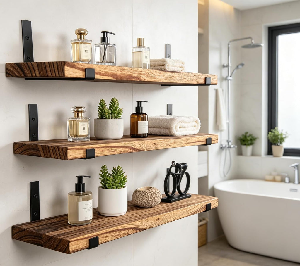 Rustic Wood Floating Shelves Farmhouse Wooden Wall Shelves for Bathroom Bedroom Living Room Kitchen Office Set of 4 Light Brown 17 Inch