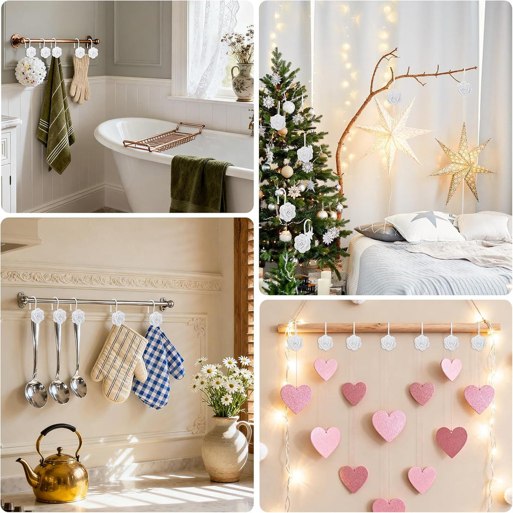 Metal Rose Shower Curtain Hooks, Rust-Resistant Hooks for Shower Curtain Rods, Set of 12, Beautiful Floral Rose Design Bathroom Decoration Hooks (White)